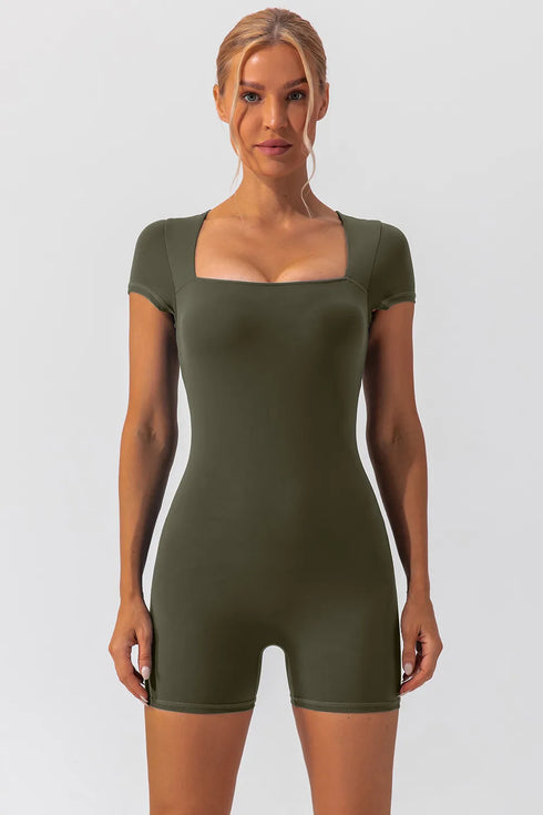 Square Neck Cap Sleeve Active Romper - Fashorio