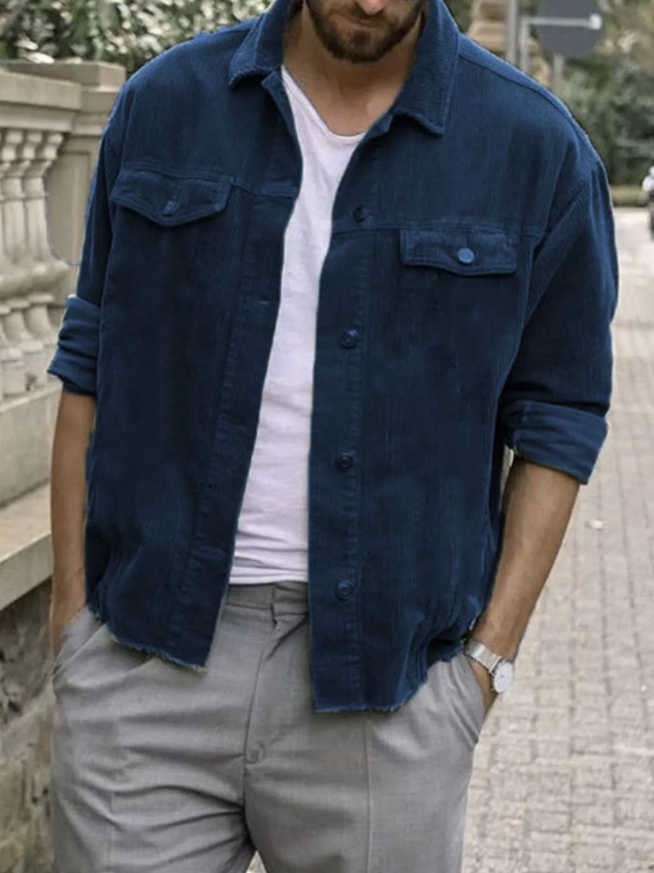 Men's Plus Size Button Up Corduroy Shacket Navy Blue - Fashorio
