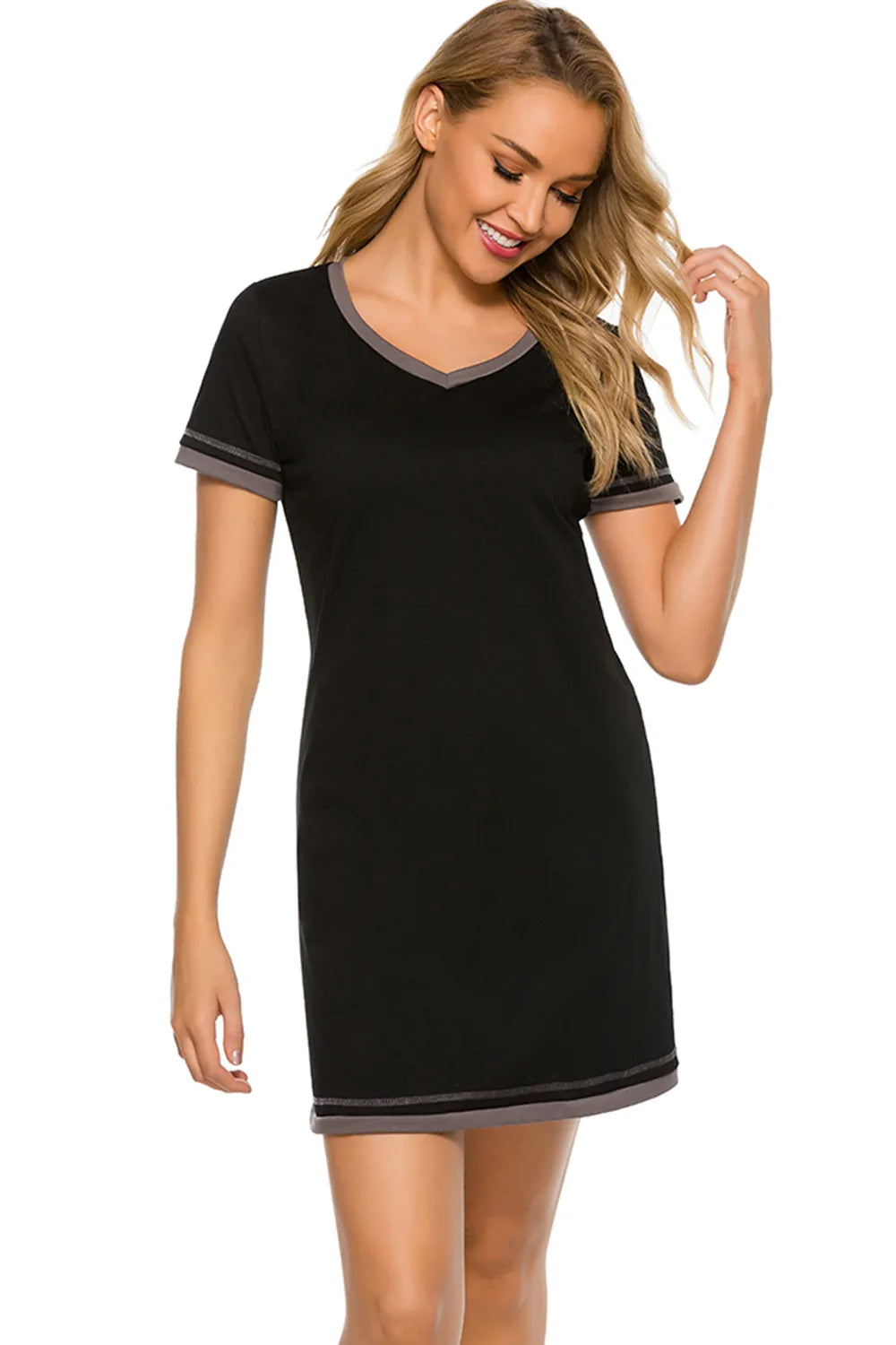 Contrast Trim Short Sleeve Lounge Dress - Fashorio