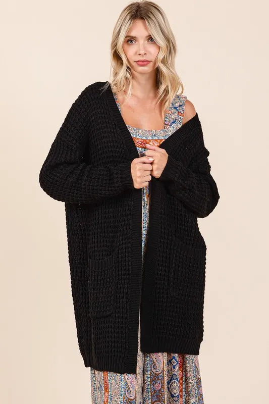 Mittoshop Open Front Long Sleeve Longline Cardigan Black - Fashorio
