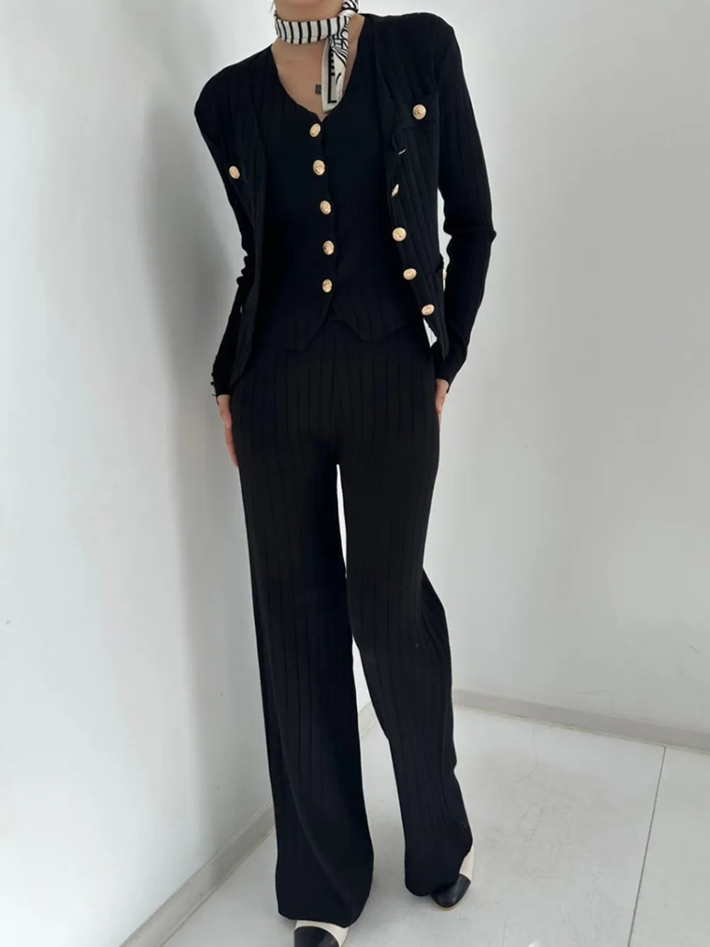 V-Neck Tank, Cardigan and Pants Three-Piece Sweater Set - Fashorio