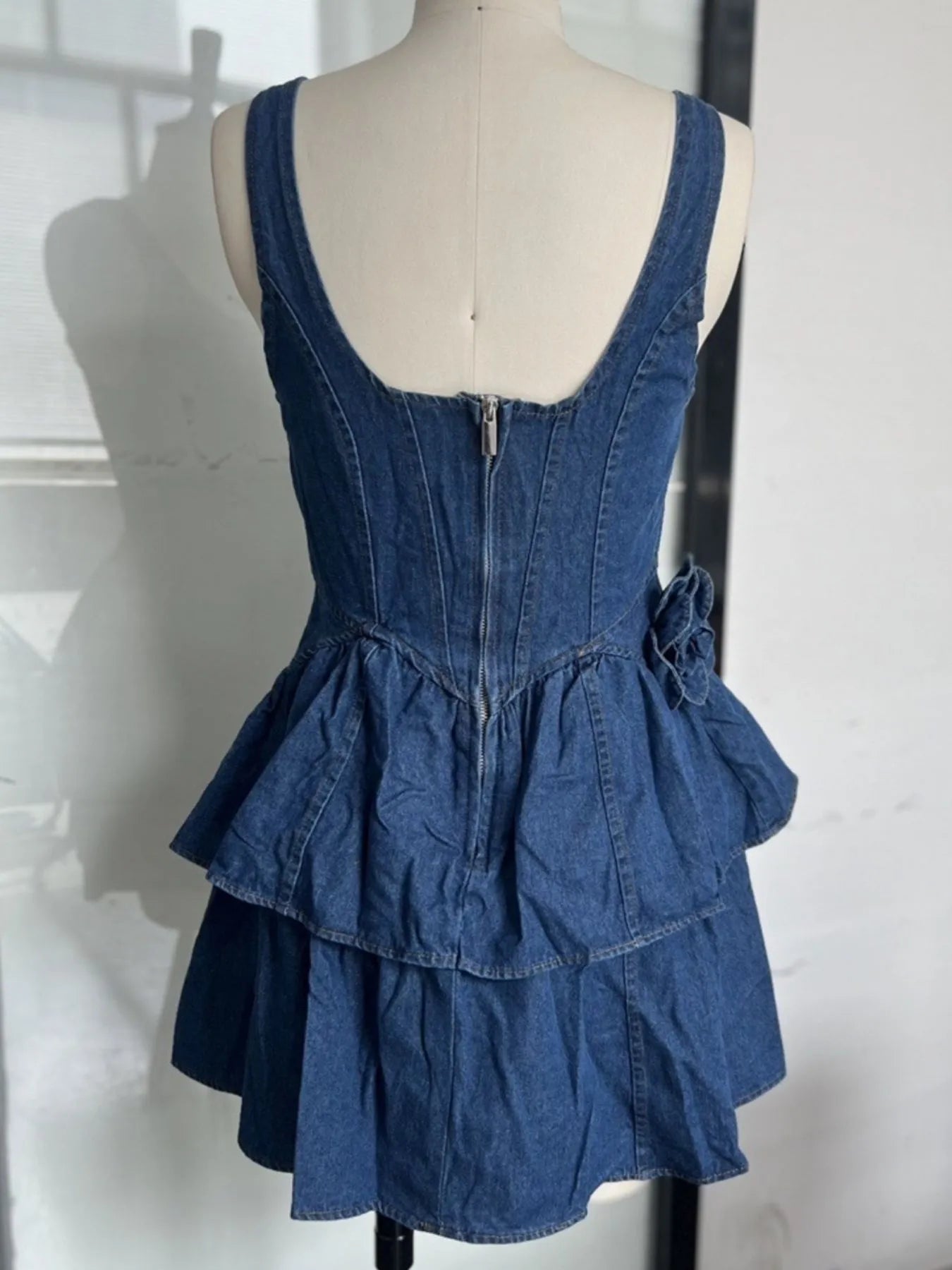 Ruffled Layered Scoop Neck Denim Dress - Fashorio