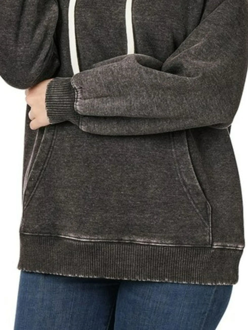 Zenana Acid Wash Fleece Hoodie with Drawstring - Fashorio