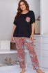 Plus Size Contrast Round Neck Tee and Floral Pants Lounge Set - Fashorio