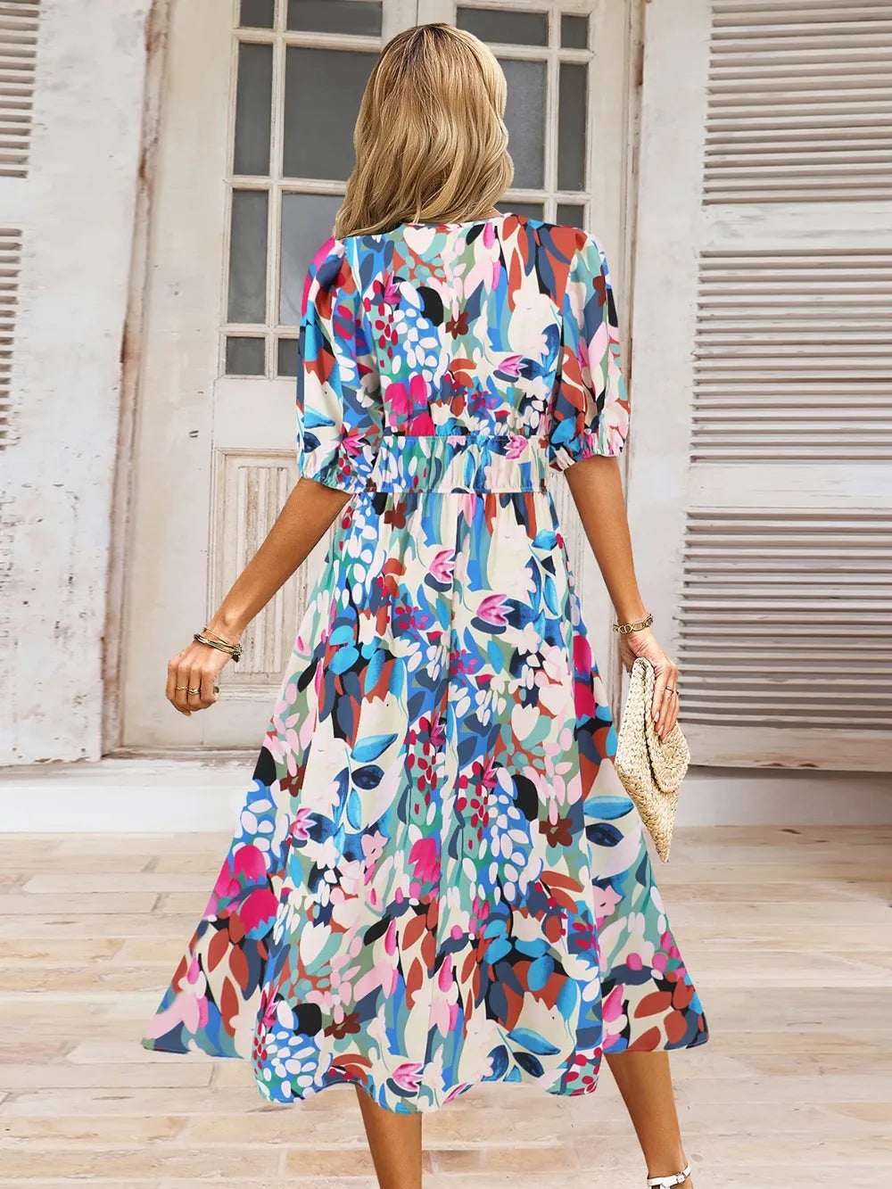 Ruched Printed Surplice Short Sleeve Dress - Fashorio