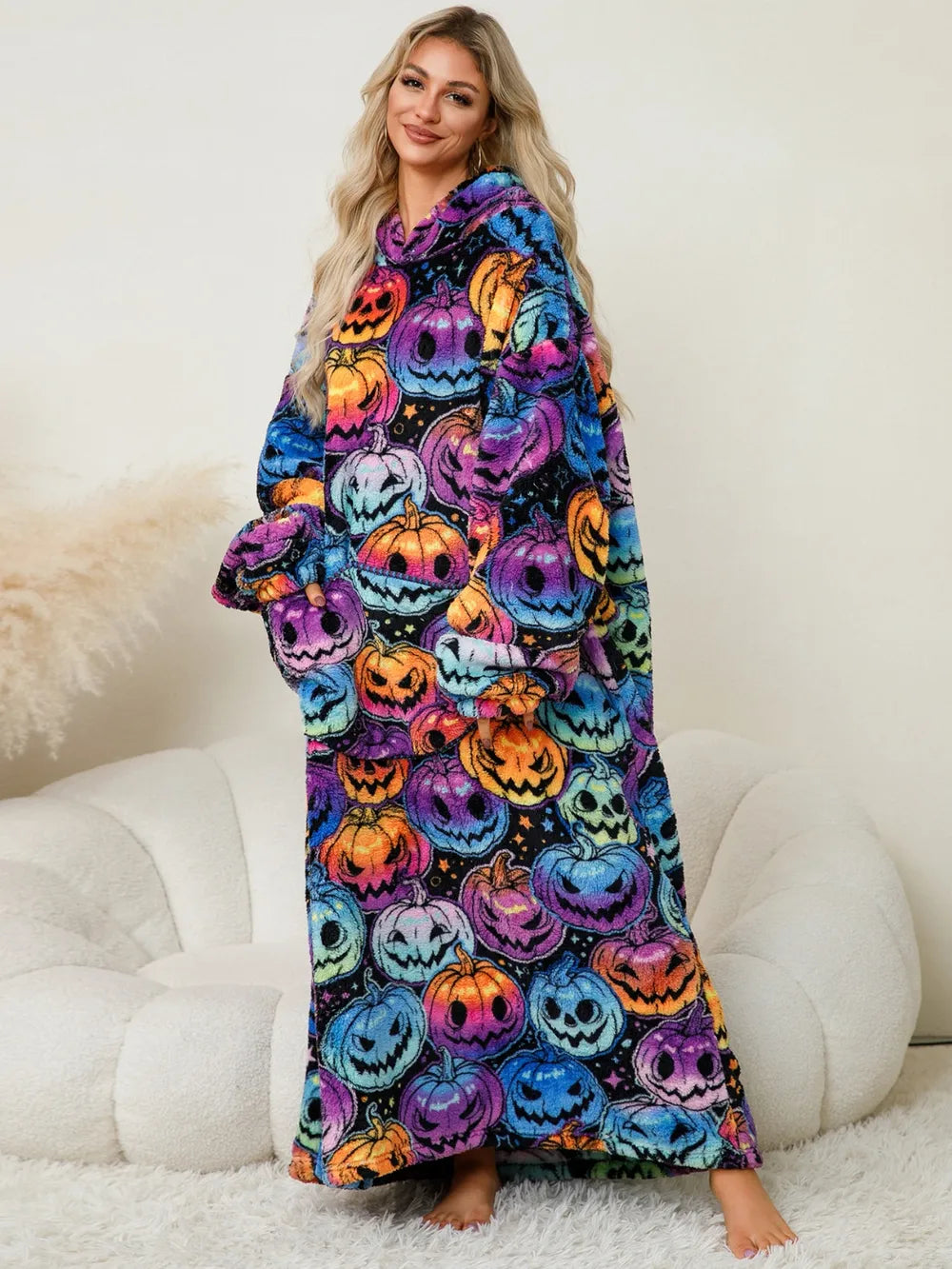 Fuzzy Pocketed Long Sleeve Hooded Lounge Dress - Fashorio
