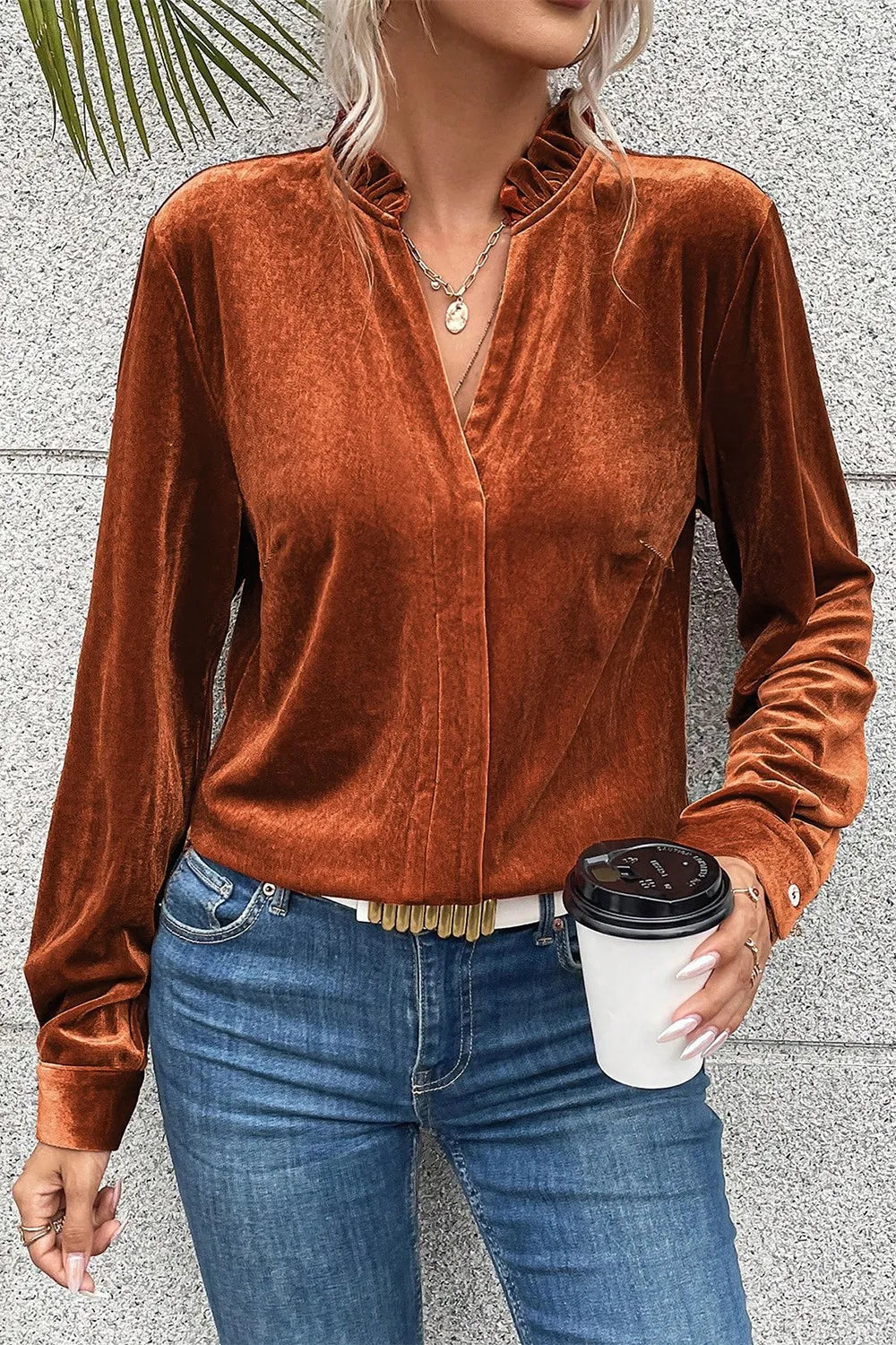 Notched Frill Detail Long Sleeve Blouse - Fashorio
