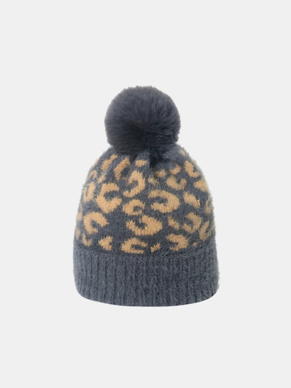 Leopard Hat with Pompom Dark Gray One Size - Fashorio
