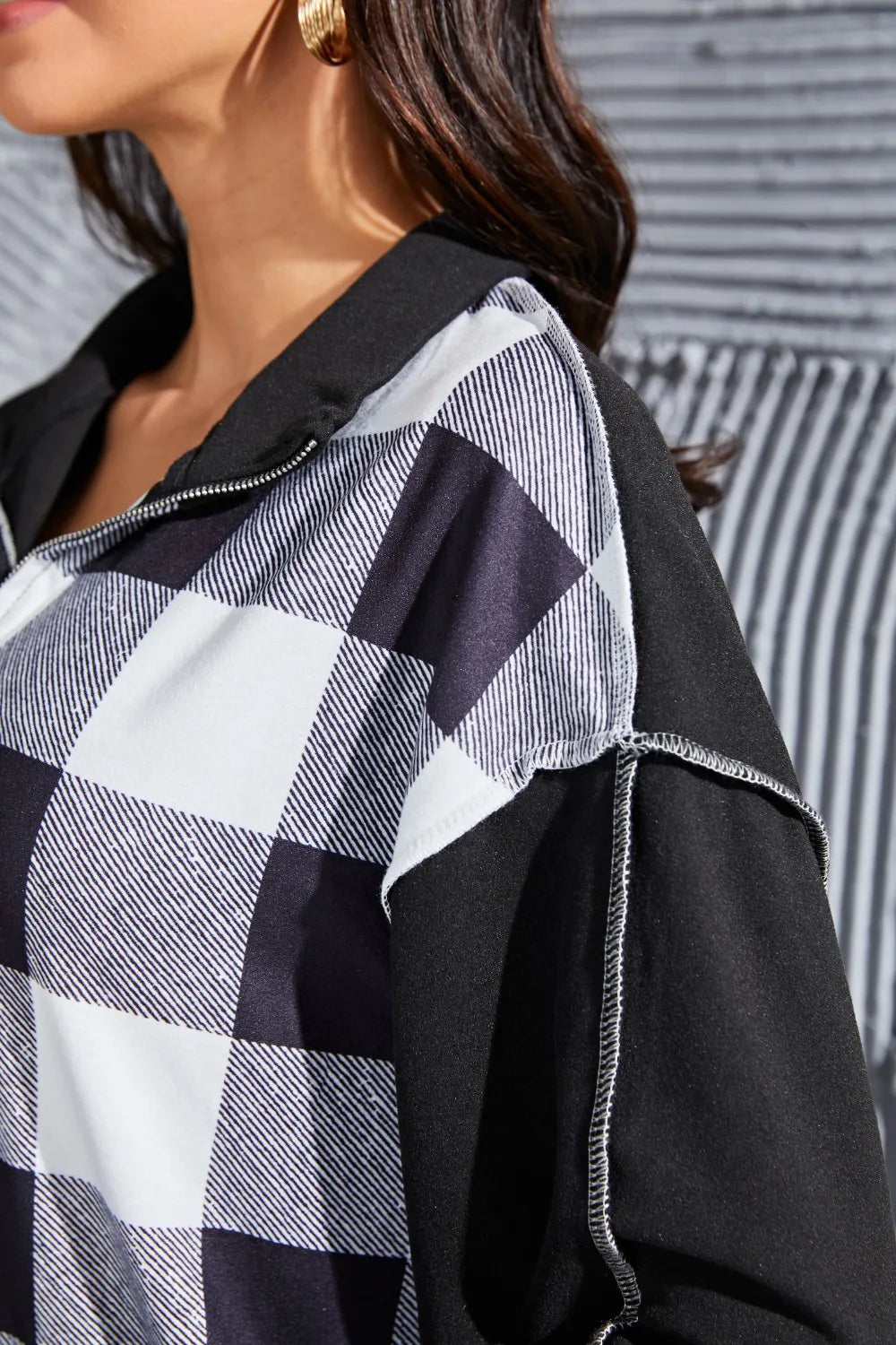 Plaid Exposed Seam Long Sleeve Blouse - Fashorio