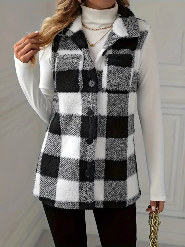 Plaid Button Up Vest Coat Black - Fashorio
