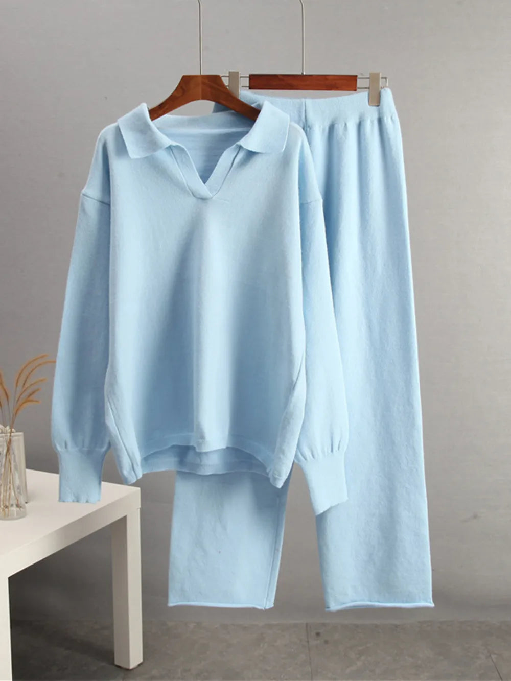 Johnny Collar Long Sleeve Top and Pants Sweater Set - Fashorio