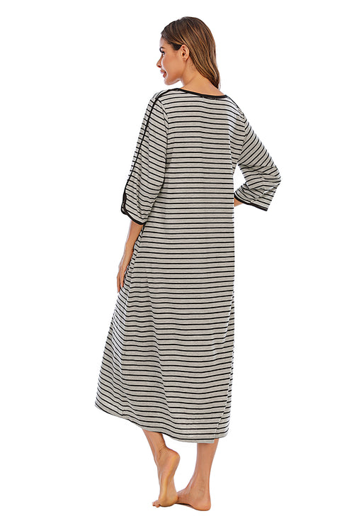 Round Neck Three-Quarter Sleeve Midi Night Dress - Fashorio