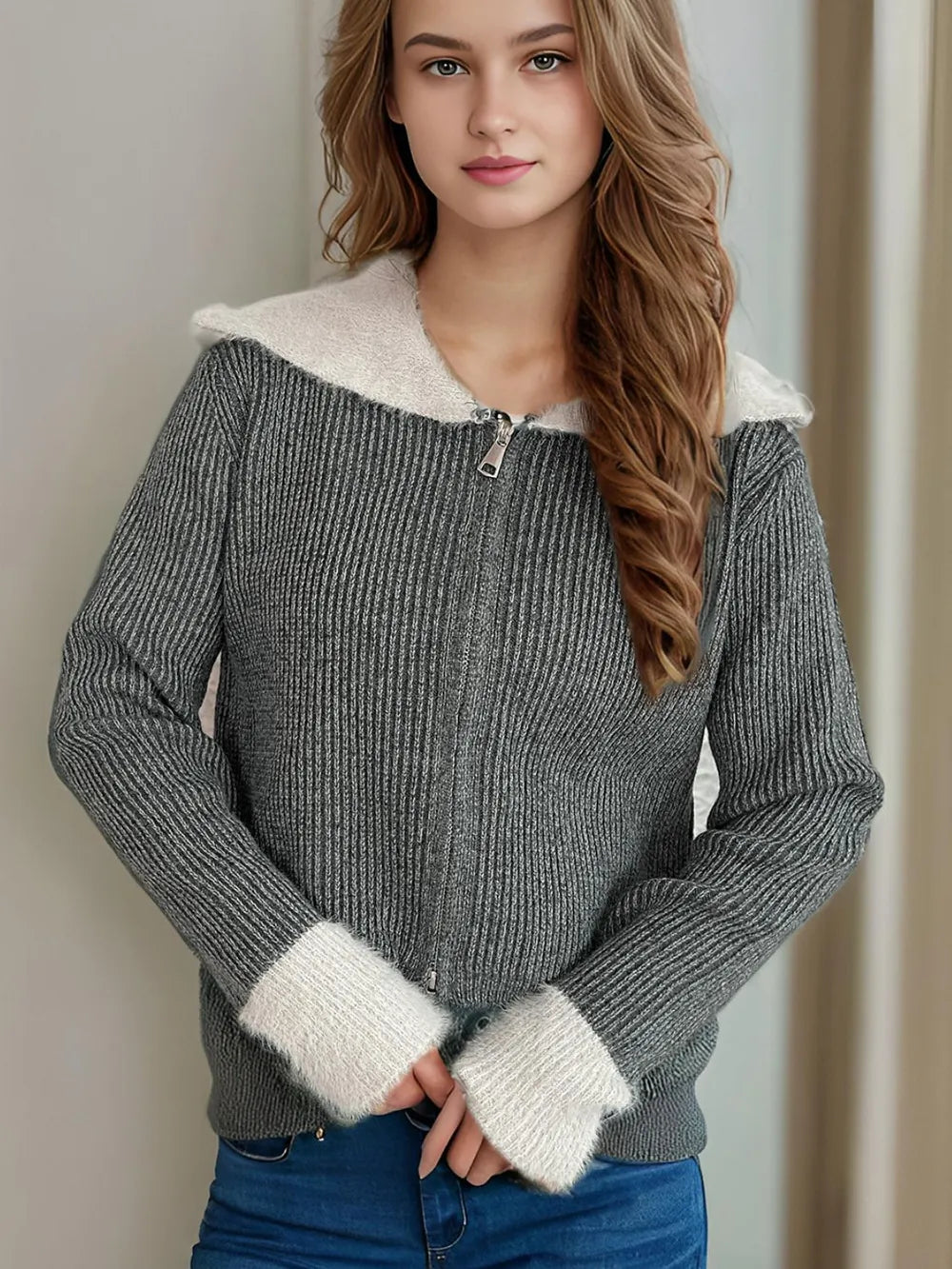 Zip Up Collared Neck Long Sleeve Cardigan - Fashorio