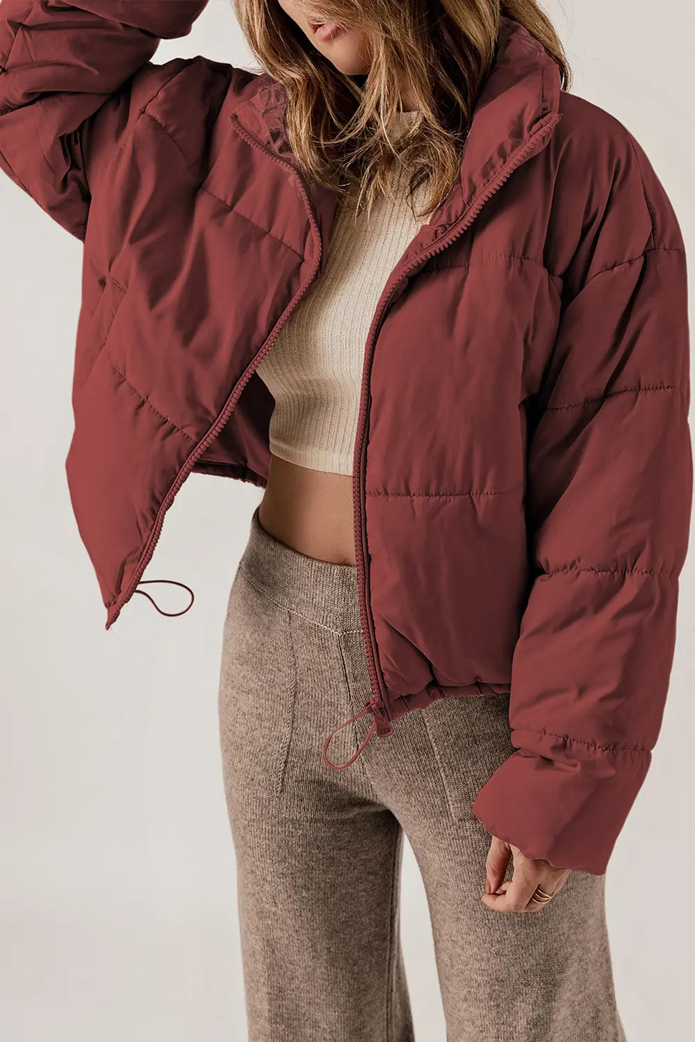 Zip Up Collared Neck Long Sleeve Winter Coat - Fashorio
