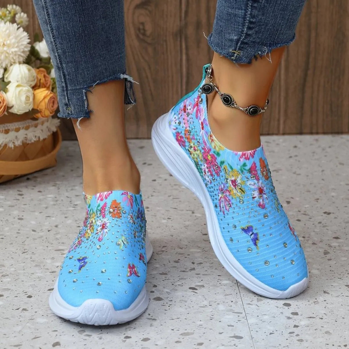 Rhinestone Floral Print Sneakers - Fashorio