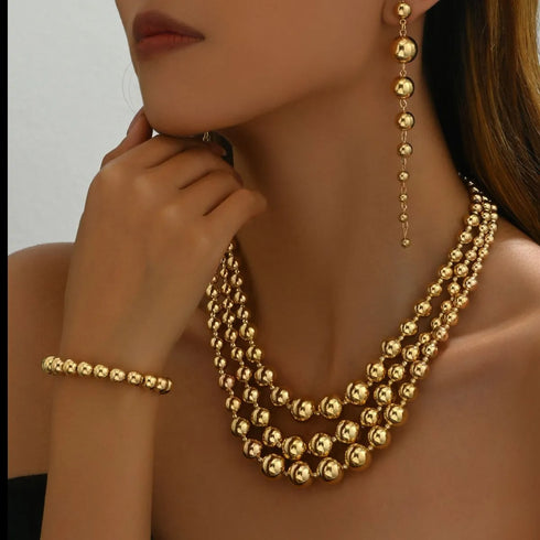 18K Stainless Steel Beaded Multi-Layered Necklace Bracelet Earrings Jewelry Set Gold One Size - Fashorio