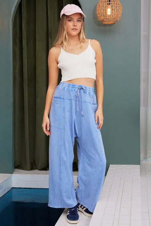 Mittoshop Mineral Wash Elastic Waist Baarrel Leg Baggy Pants - Fashorio