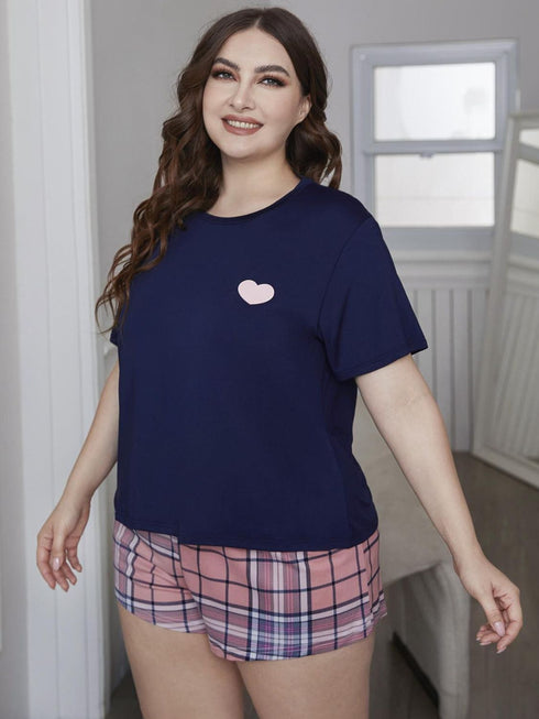 Plus Size Heart Graphic Top and Plaid Shorts Loungewear Set Navy Pink - Fashorio