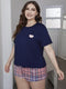 Plus Size Heart Graphic Top and Plaid Shorts Loungewear Set Navy Pink - Fashorio