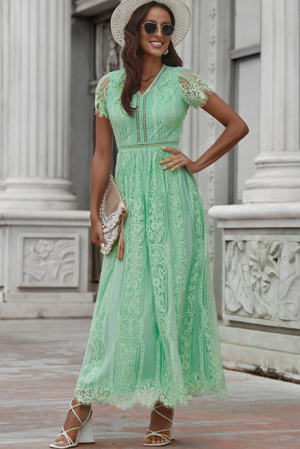 Scalloped Trim Lace Plunge Dress - Fashorio