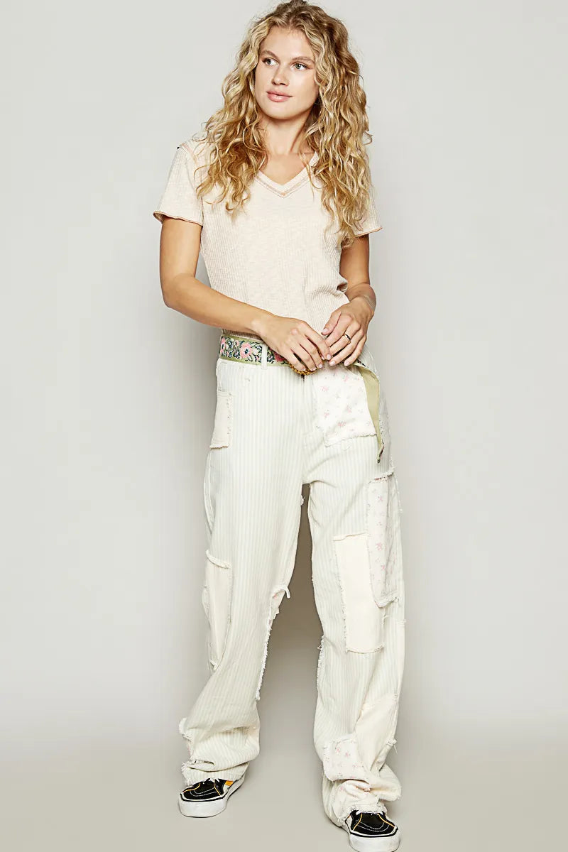 POL V-Neck Short Sleeve Ribbed T-Shirt with Contrast Overlock Stitching - Fashorio