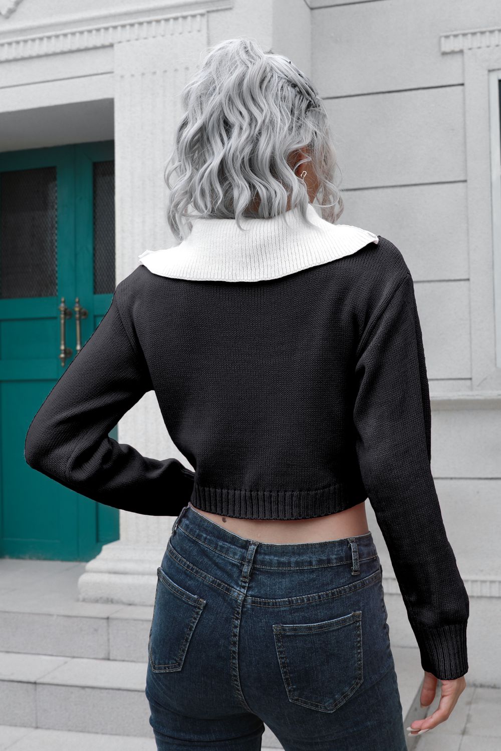 Contrast Collared Cropped Sweater - Fashorio