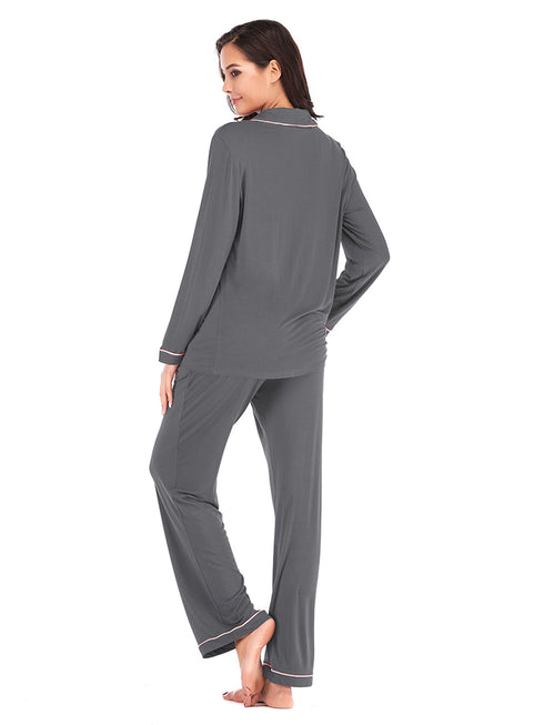 Collared Neck Long Sleeve Loungewear Set with Pockets - Fashorio