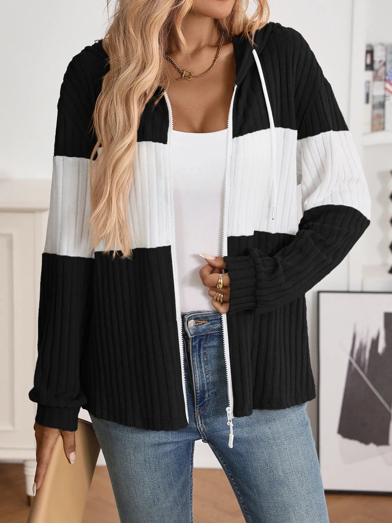 Drawstring Color Block Zip Up Outerwear - Fashorio