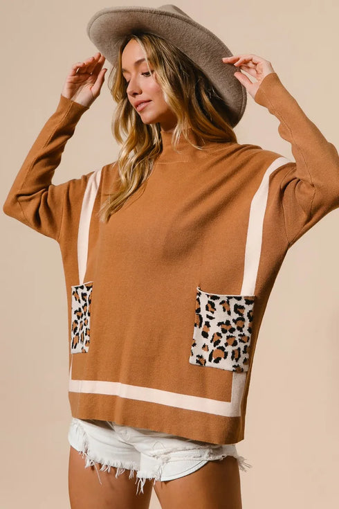BiBi Mock Neck Sweater with Leopard Pocket - Fashorio