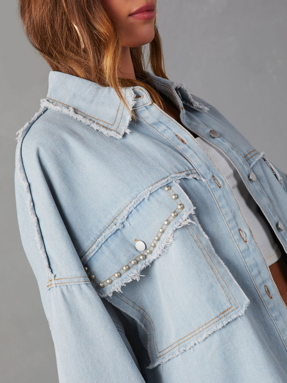 Button Down Raw Hem Denim Jacket - Fashorio