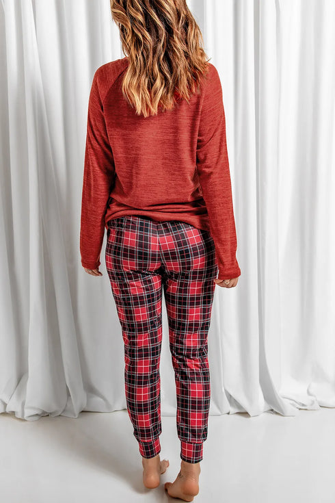Round Neck Top and Drawstring Plaid Pants Lounge Set - Fashorio