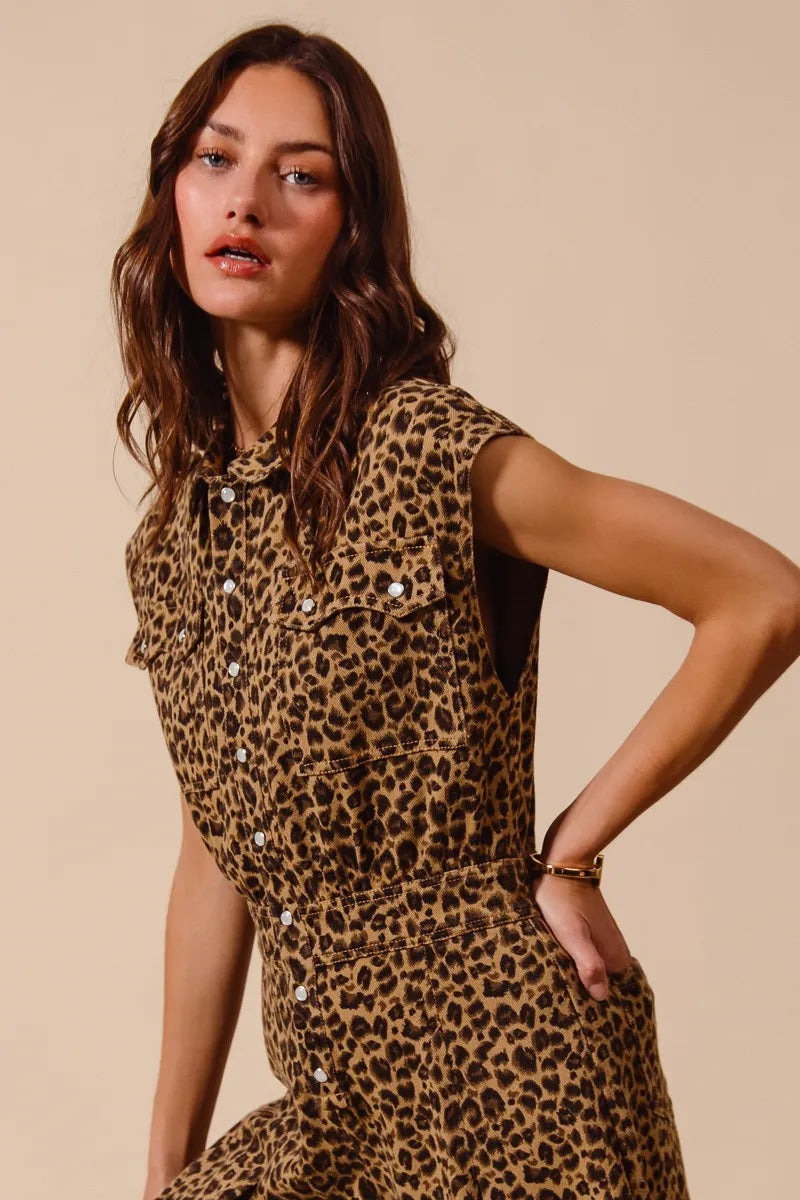 SO ME Wide Leg Leopard Twill Overalls Jumpsuit with Tuck - Fashorio