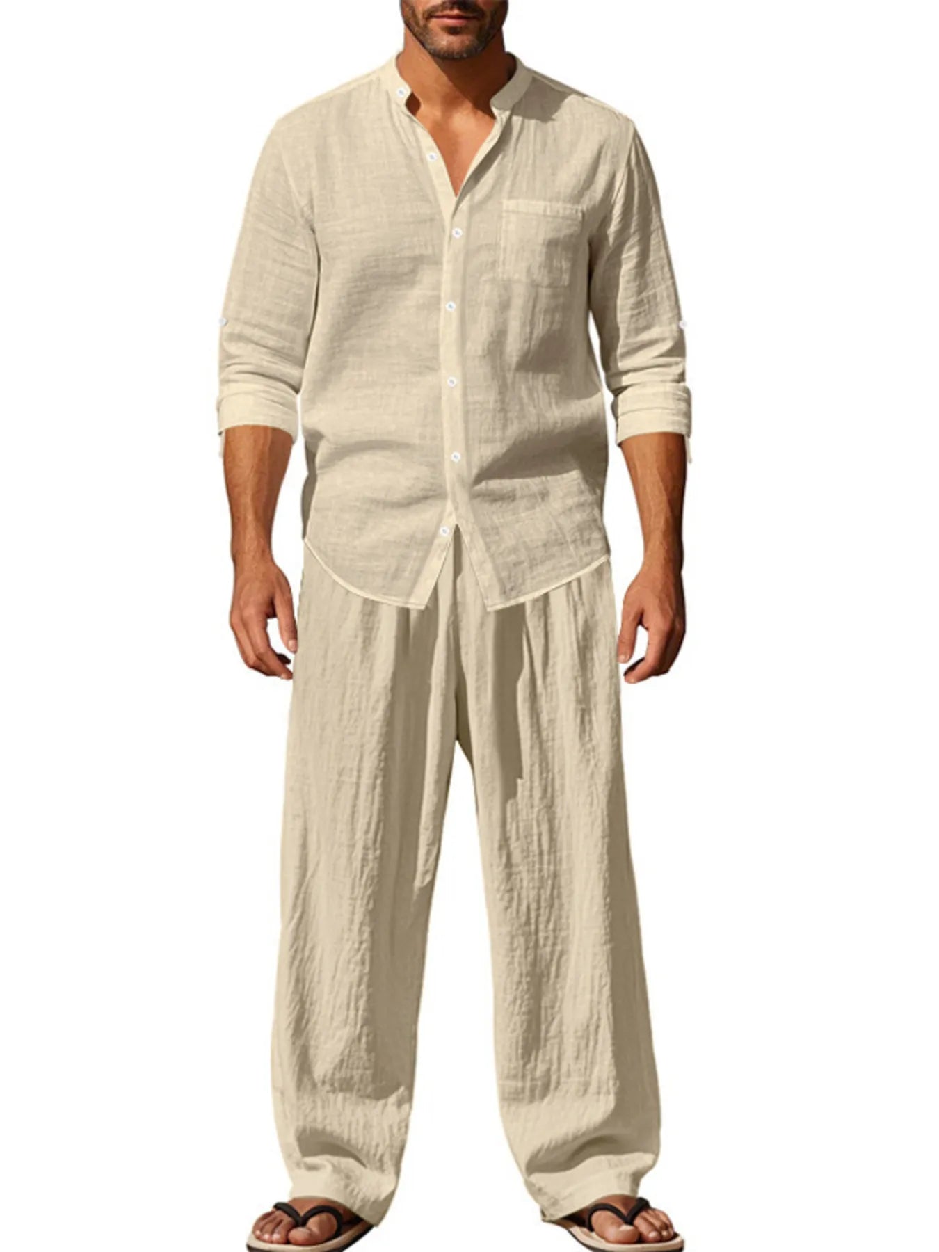 Men's Full Size Button Up Shirt and Pants Set Plus Size Khaki - Fashorio