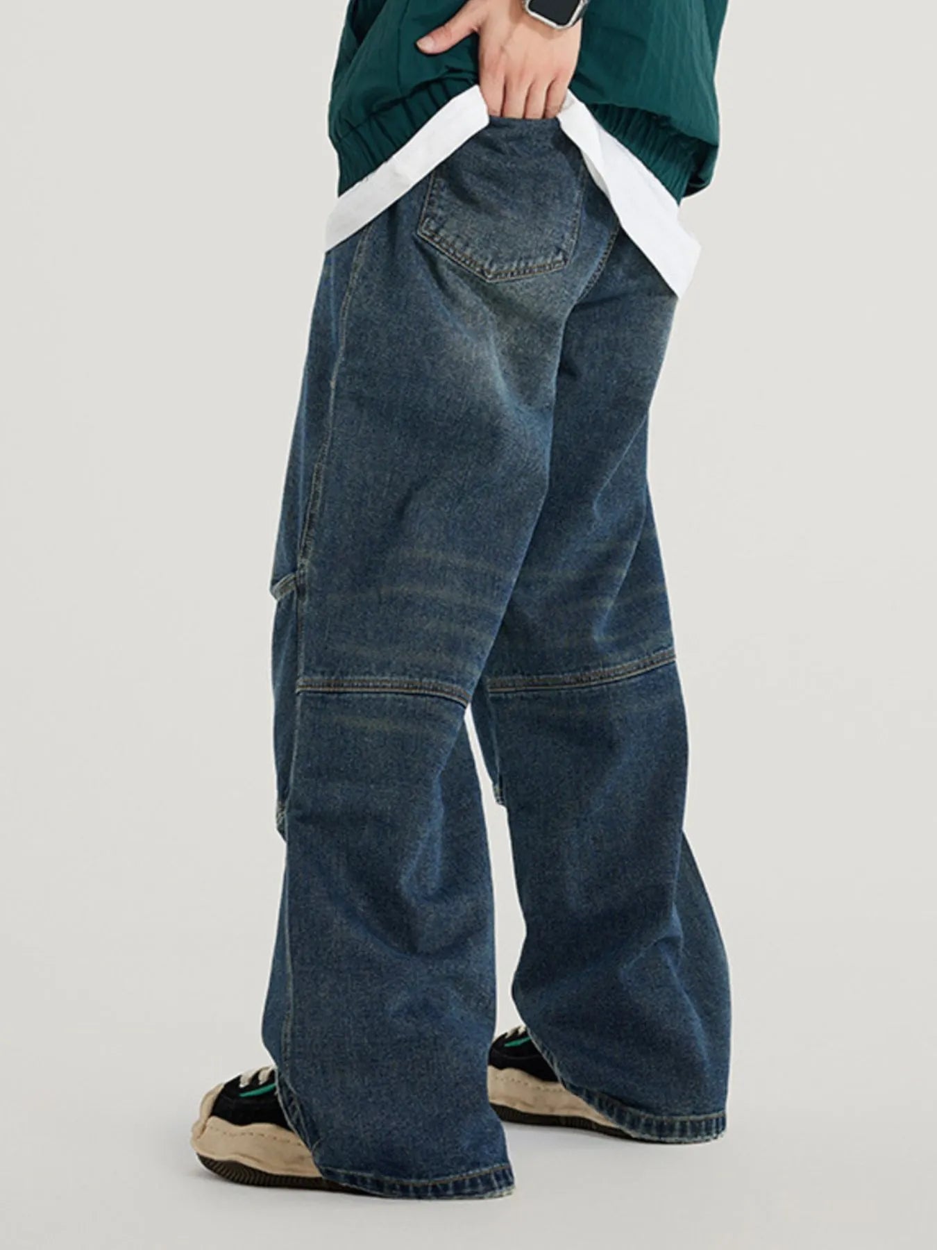 Men's Vintage Wide Leg Utility Jeans with Multi-Panel Design - Fashorio