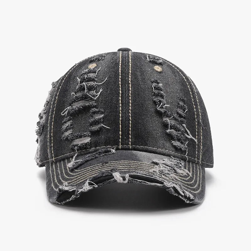 Distressed Adjustable Cotton Baseball Cap Dark One Size - Fashorio