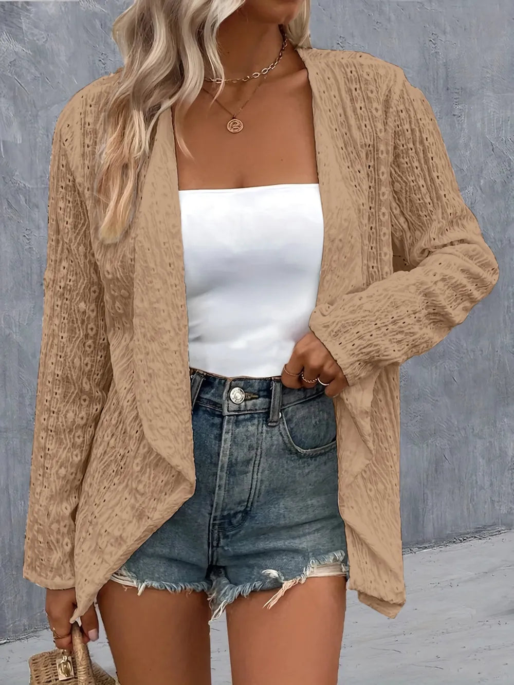 Eyelet Roll-Tab Sleeve Cardigan - Fashorio