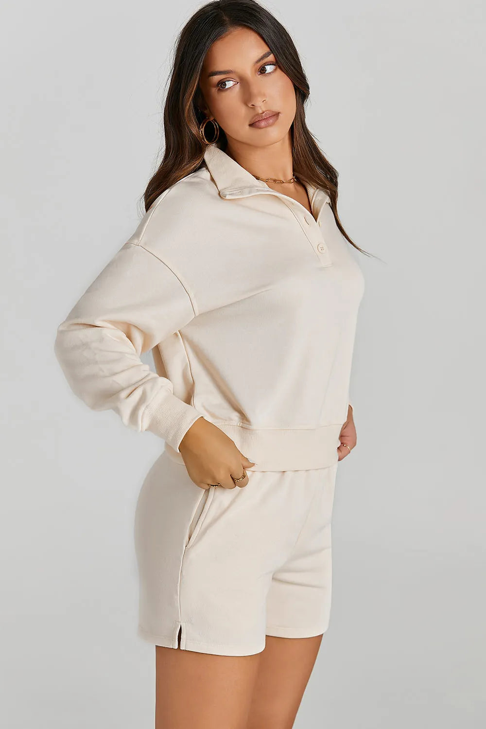 Half Button Sweatshirt and Shorts Active Set - Fashorio
