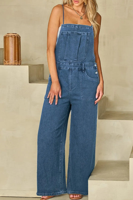 Adjustable Tie Straps Wide Leg Denim Overalls Medium - Fashorio