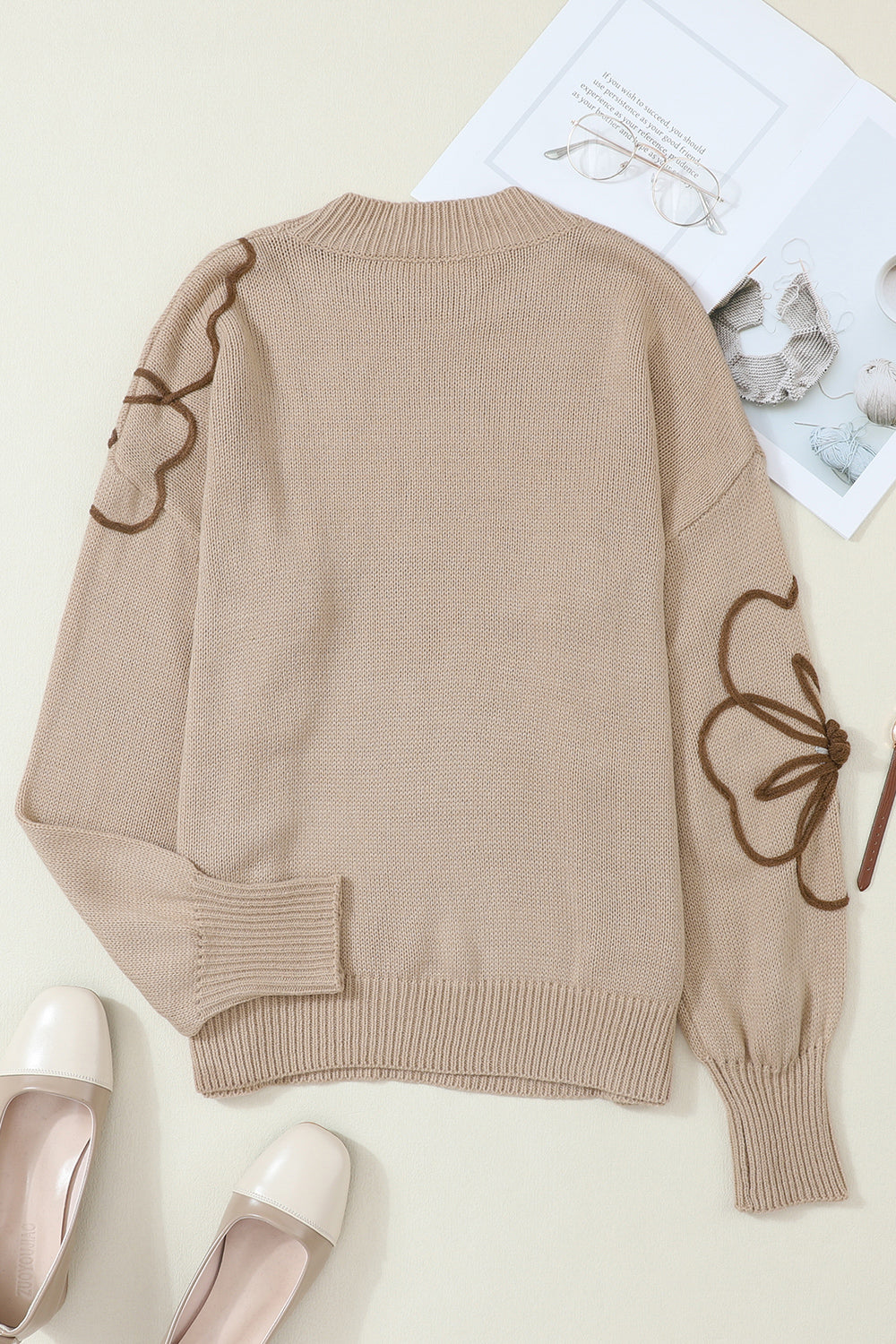 Floral Round Neck Drop Shoulder Sweater - Fashorio