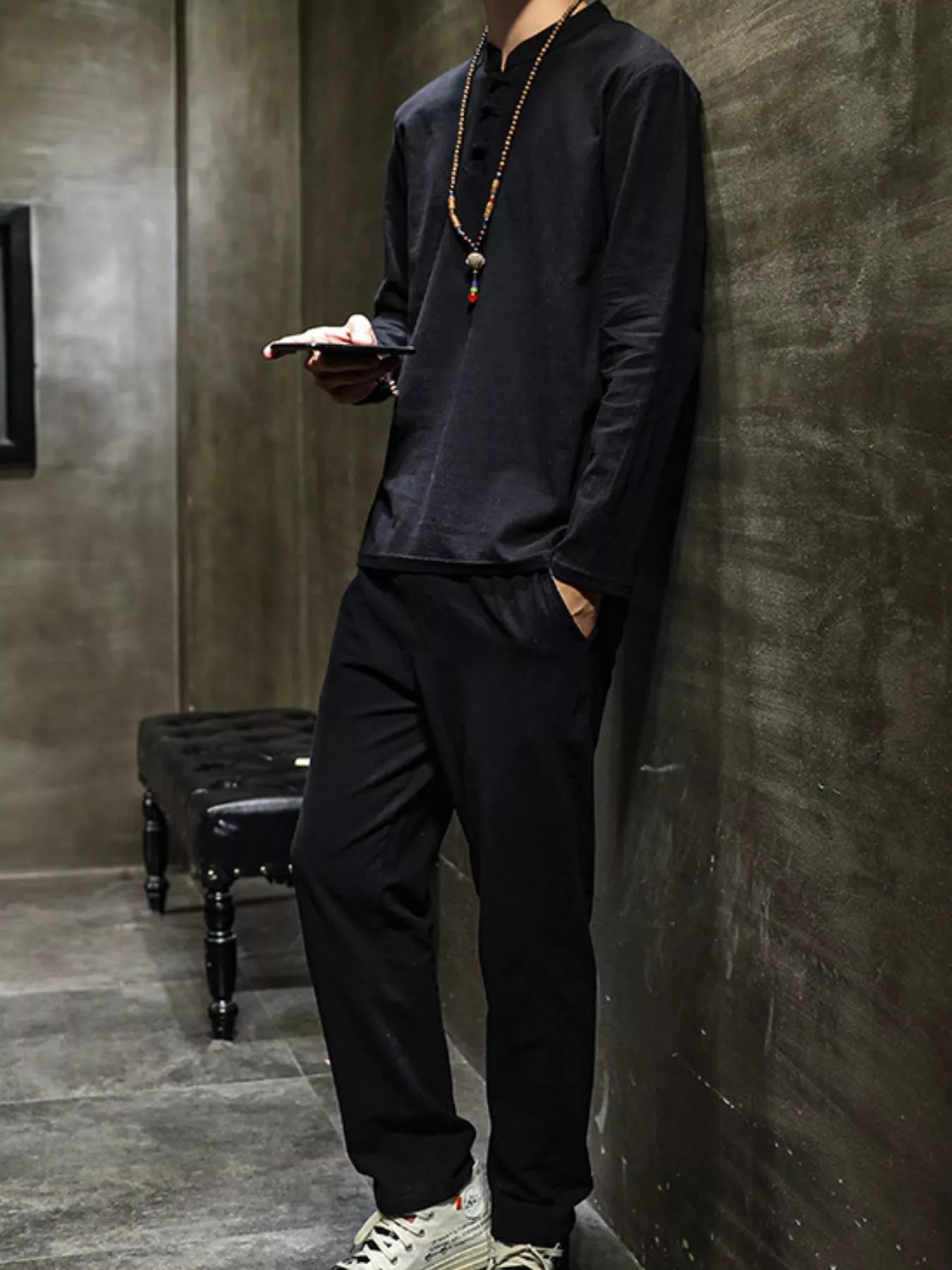 Men's Plus Size Button Detail Long Sleeve Top and Pants Set Black - Fashorio