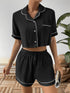 Ivy Lane Contrast Lapel Collar Cropped Shirt and Shorts Lounge Set Black - Fashorio