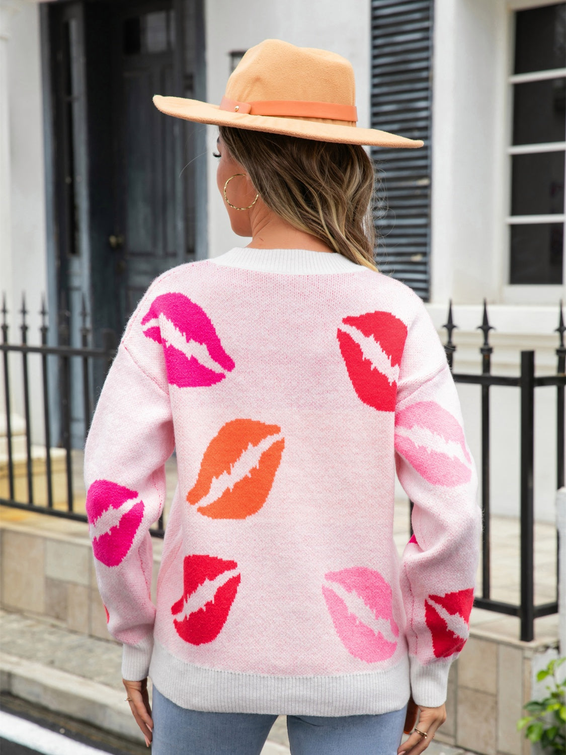 Angel Wings Lip V-Neck Drop Shoulder Sweater - Fashorio