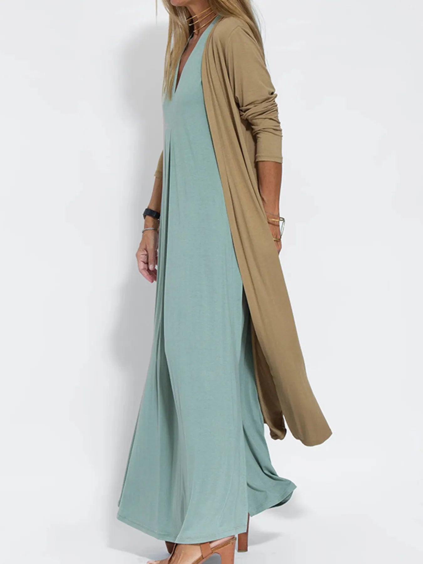 Full Size Open Front Side Slit Longline Cardigan Plus Size - Fashorio
