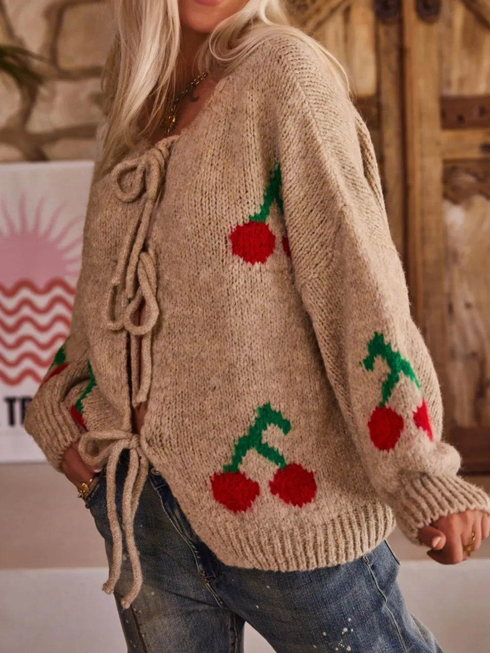 Tied Cherry Round Neck Long Sleeve Cardigan - Fashorio
