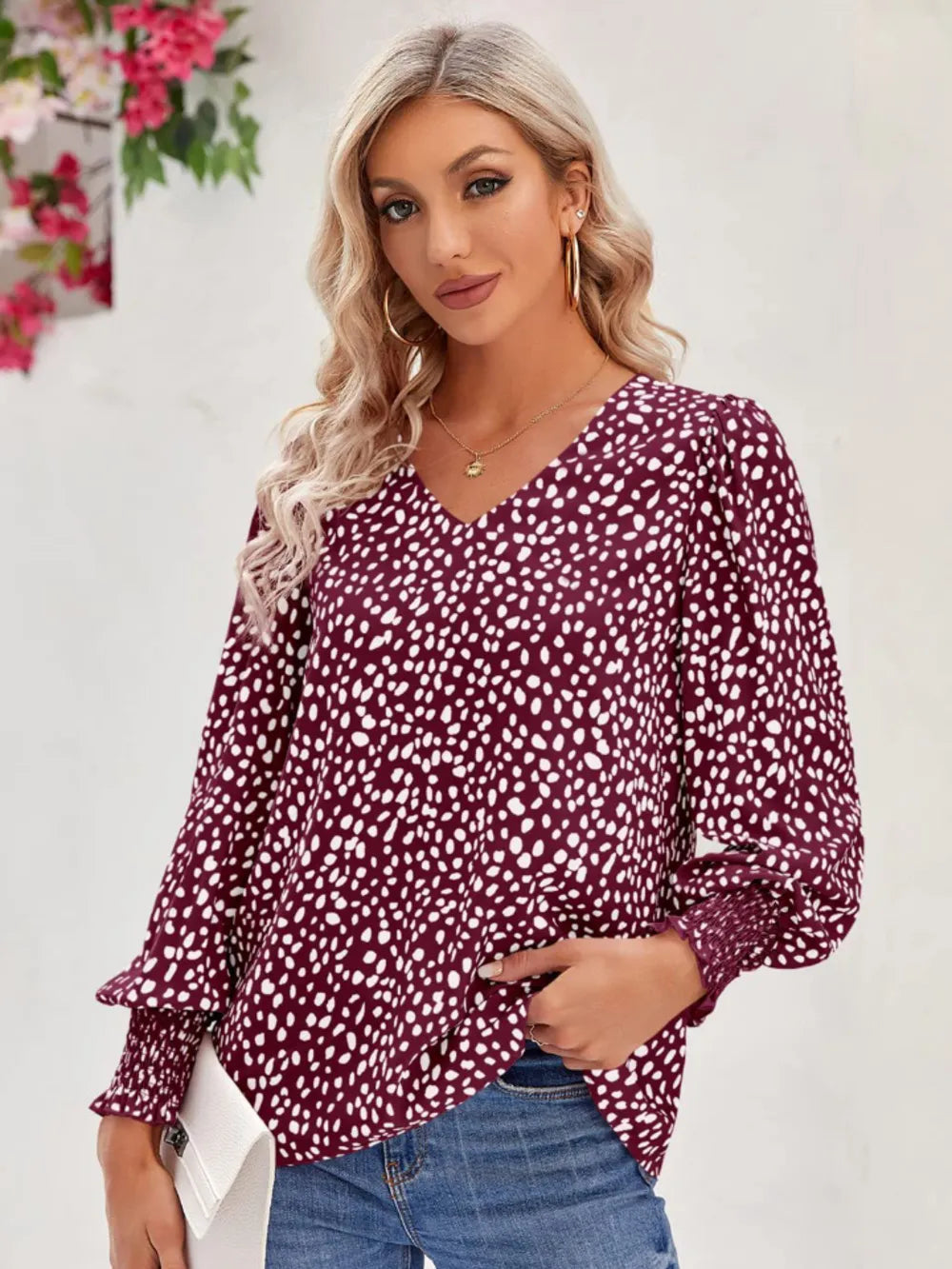 Printed V-Neck Lantern Sleeve Blouse - Fashorio