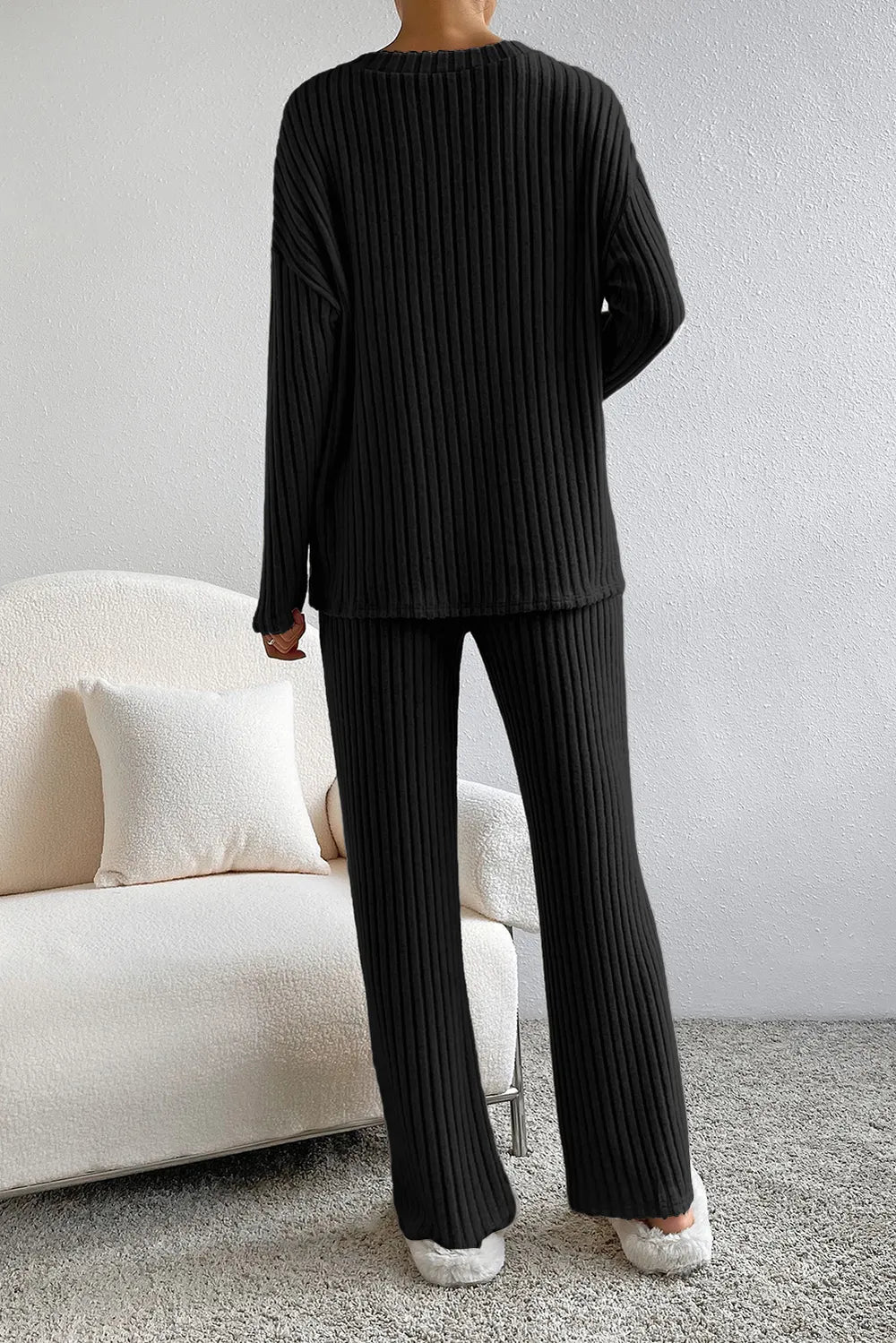 Ribbed V-Neck Top and Pants Lounge Set - Fashorio