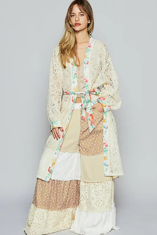 POL Floral Trim Lace Open Front Longline Cardigan NATURAL - Fashorio