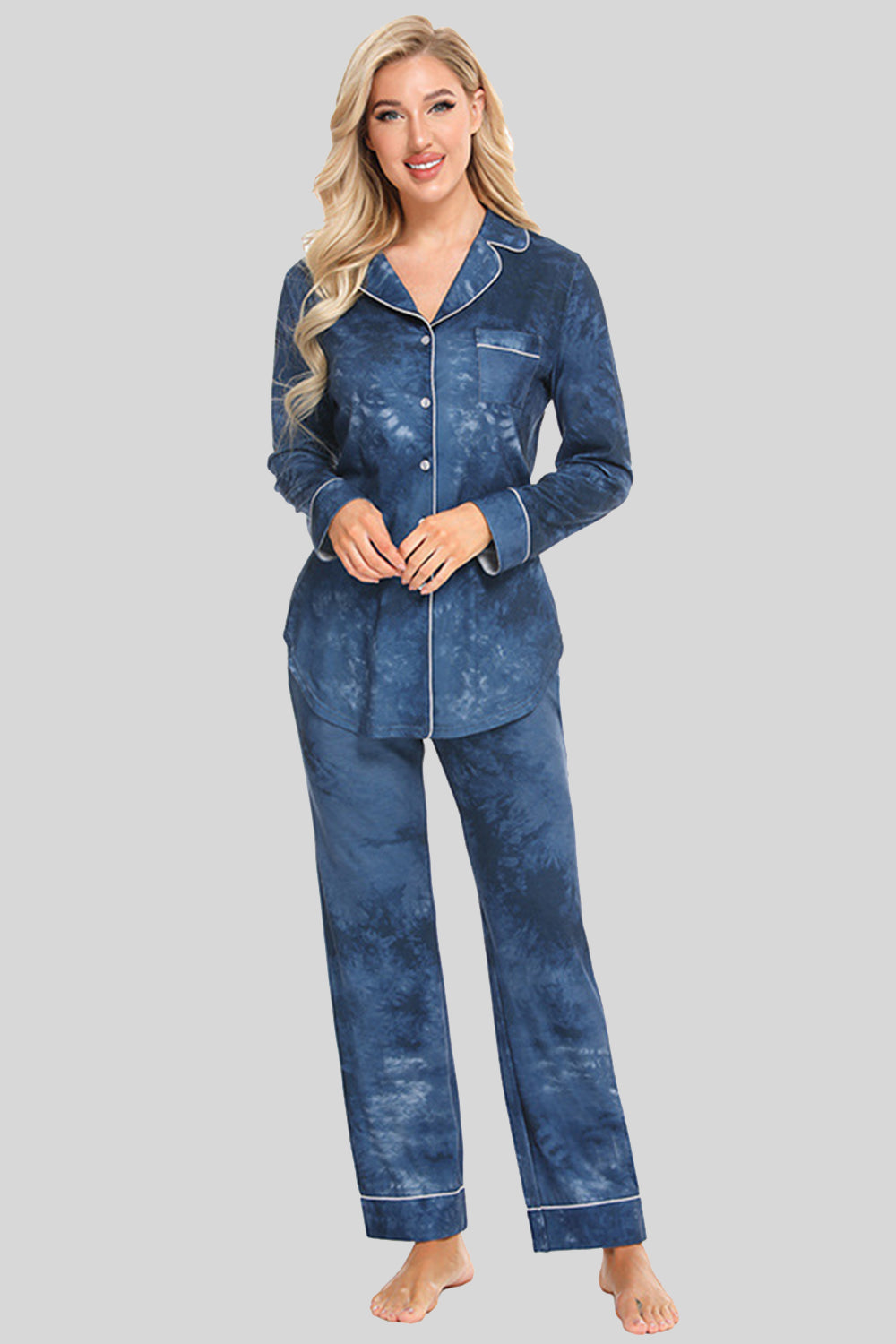 Collared Neck Long Sleeve Loungewear Set with Pockets French Blue - Fashorio