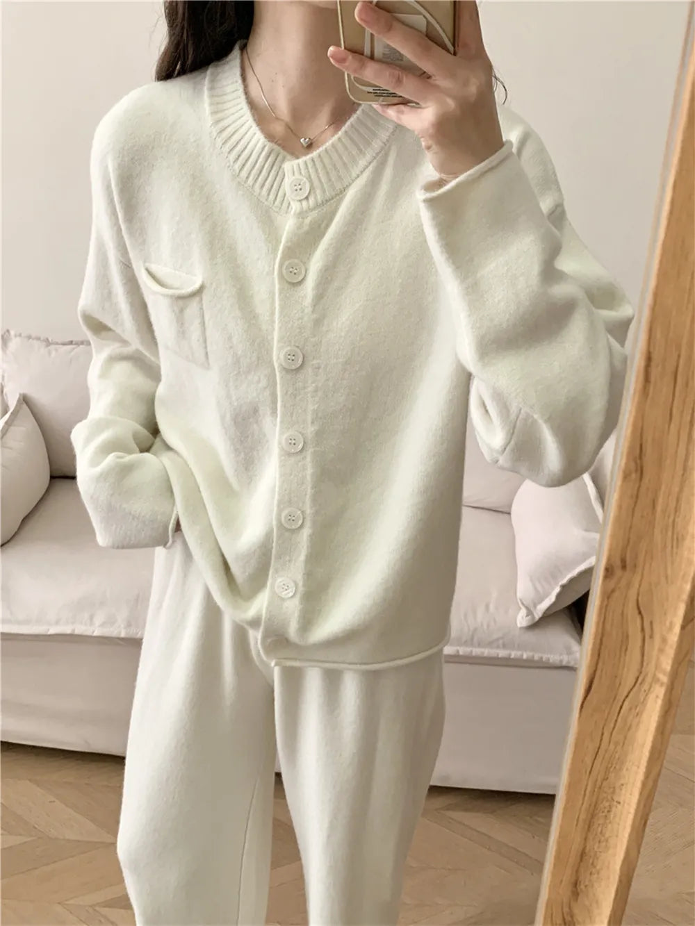 Pocketed Round Neck Button Up Cardigan and Pants Sweater Set - Fashorio