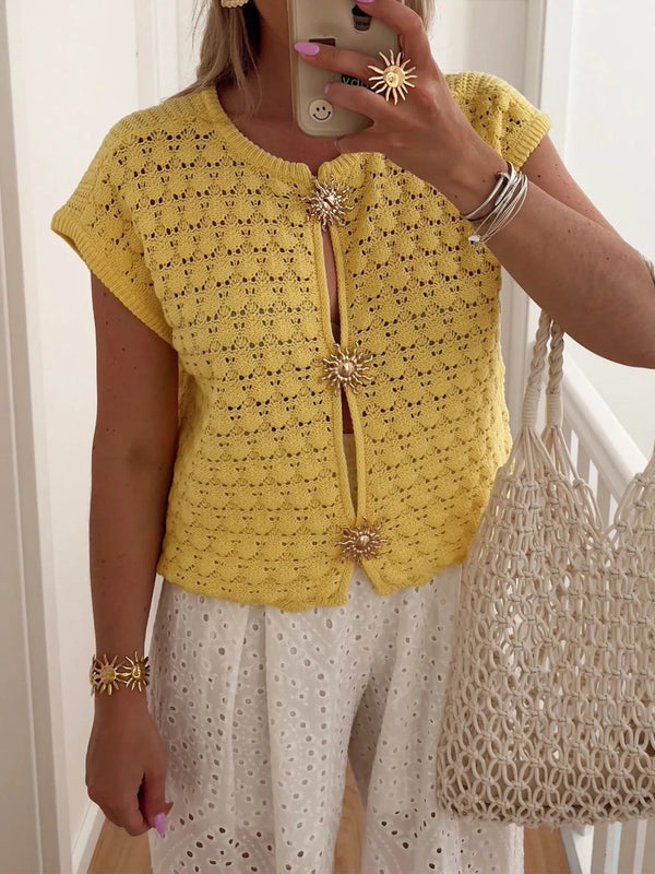 Crochet Short Sleeve Button Front Cardigan Yellow - Fashorio